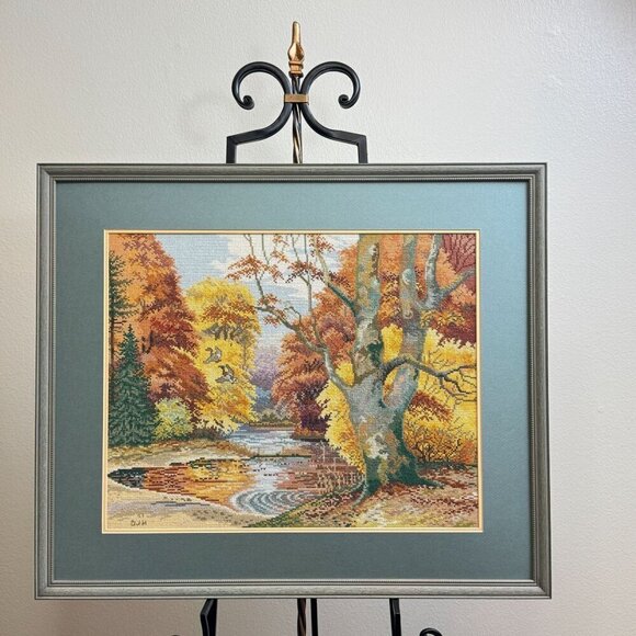 1997 Vintage Embroidered Picture Forest Lake Art With Wooden Frame 30" L x 25" H - Picture 2 of 16